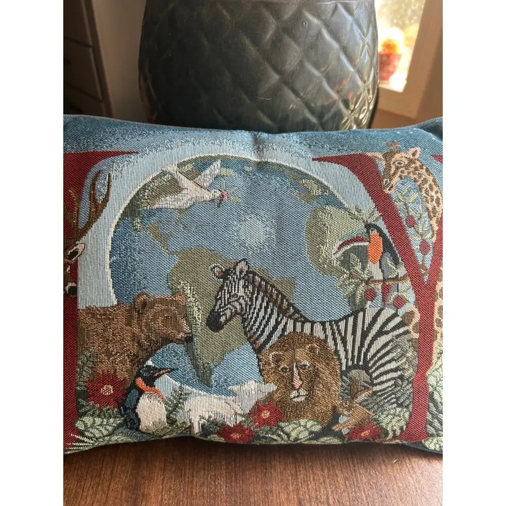 vintage JOY woven tapestry decorative throw pillow safari or Noah's Ark motif